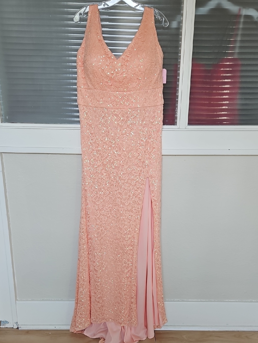 Size 20W Peachy Sequin Lace Tank Strap Sheath Gown With Leg Slit By LaFemme NWT